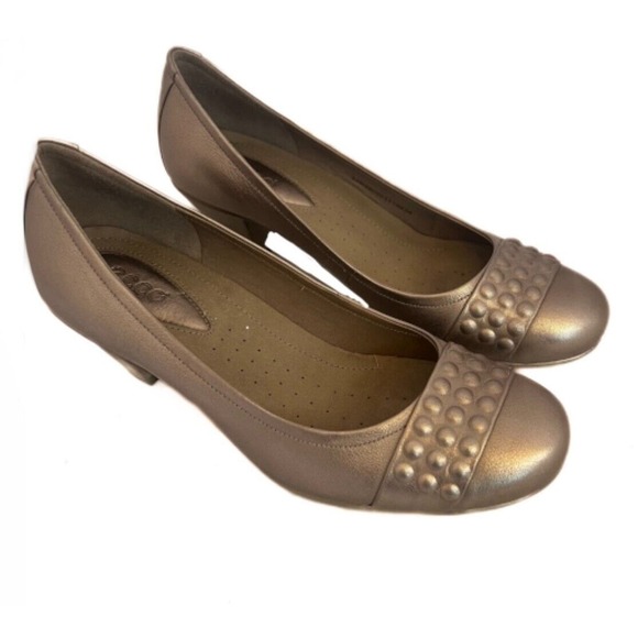 ECCO Pumps "Touch 50" Shiny Silver Leather Moon Rock Cone Heel Size 37 /6.5-7 US - Picture 1 of 8